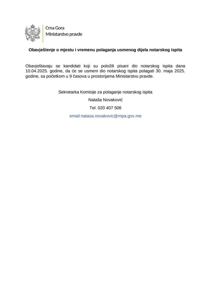Obavještenje o mjestu i vremenu polaganja usmenog dijela notarskog ispita
