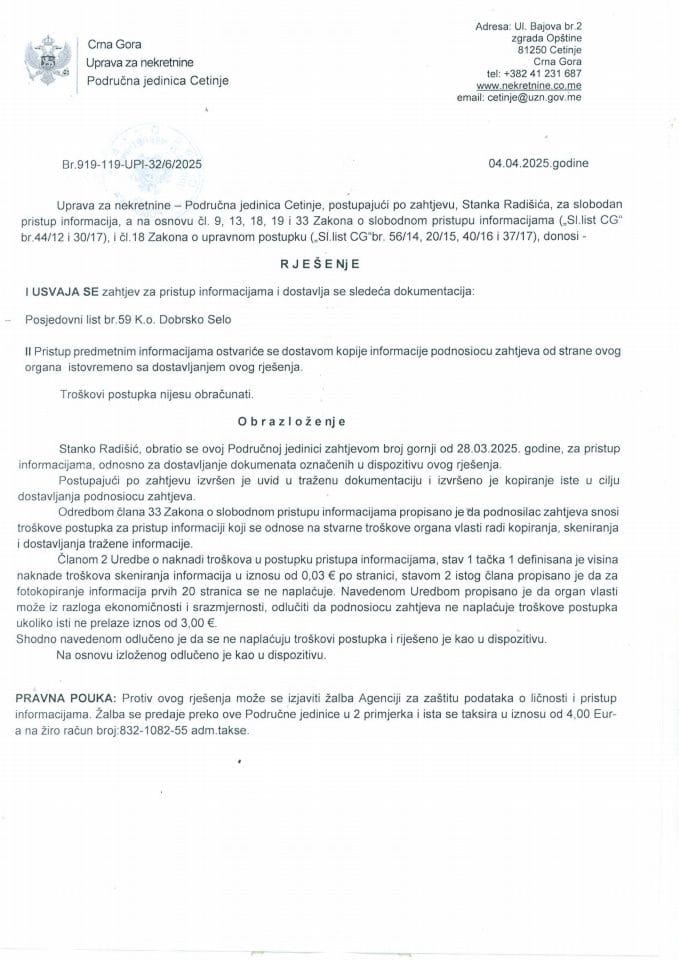 Rješenja o slobodnom pristupu informacijama - 14.05.2025.