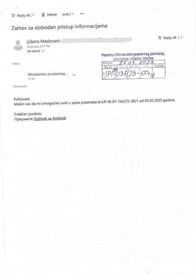 Zahtjevi - Slobodan pristup informacijama - UP I 08-037-25-554-1 Zahtjev SPI Ljiljana Maslovarić