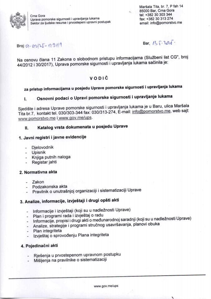 Vodič za pristup informacijama u posjedu Uprave pomorske sigurnosti i upravljanja lukama