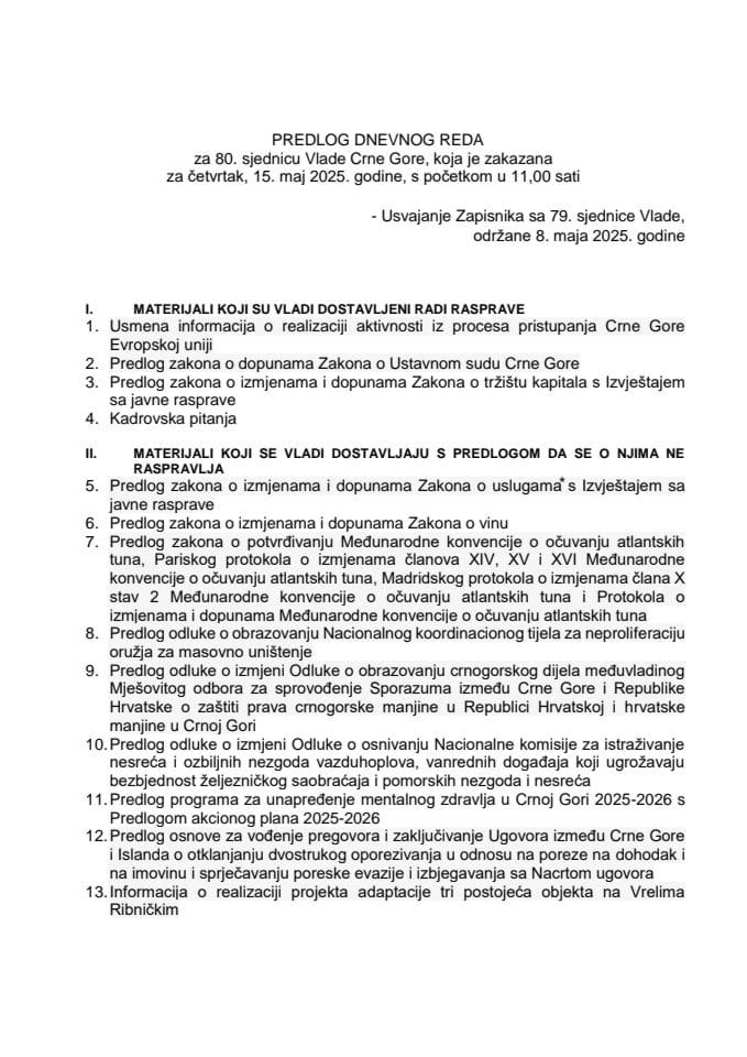 Predlog dnevnog reda za 80. sjednicu Vlade Crne Gore