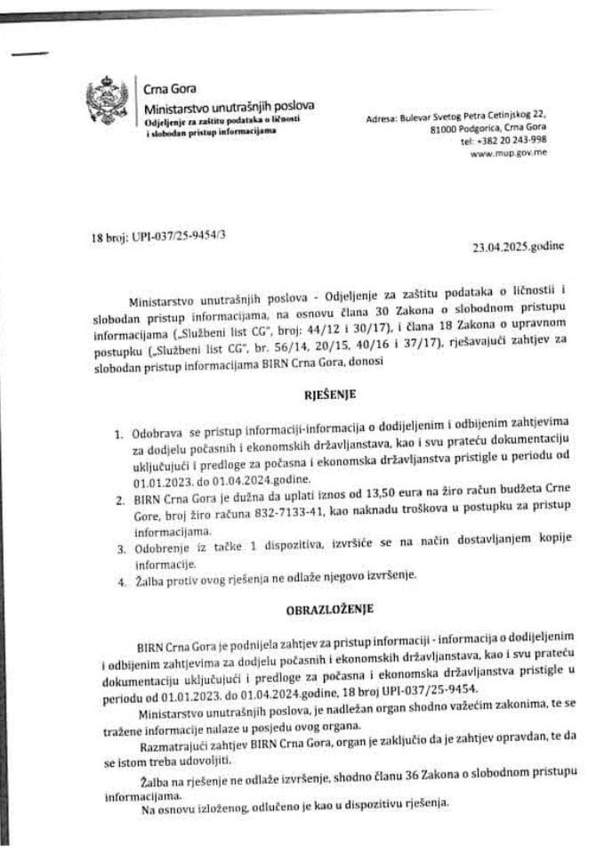 Rješenje br. 18-UPI-037/25-9454/3