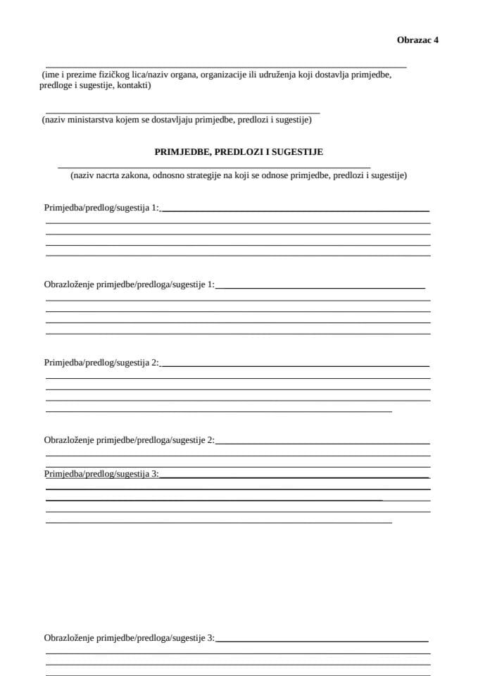 Obrazac za dostavljanje komentara, primjedbi i sugestija (Obrazac 4)