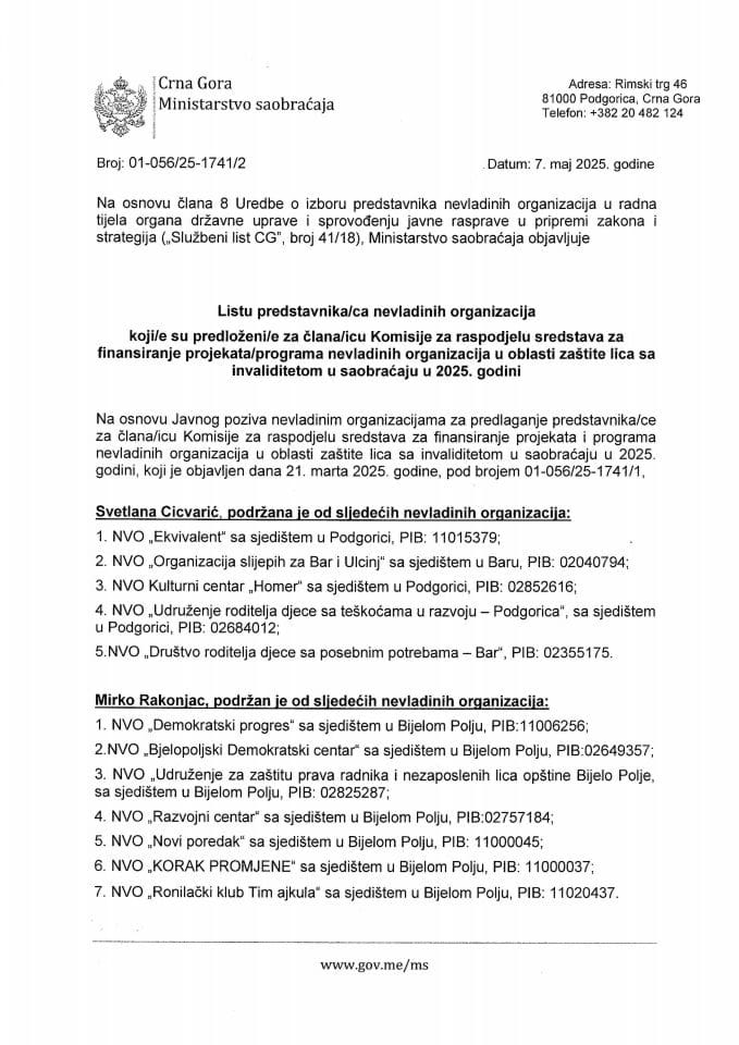Листа представника/ца  НВО који/е су предложени/е за члана/ицу Комисије за расподјелу средстава за финансирање пројеката/програма невладиних организација у области заштите лица са инвалидитетом у саобраћају у 2025. години