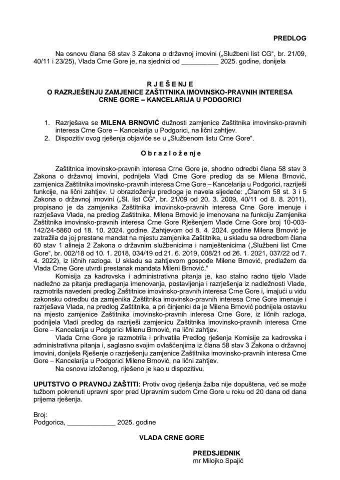 Predlog za razrješenje zamjenice Zaštitnika imovinsko-pravnih interesa Crne Gore - Kancelarija u Podgorici