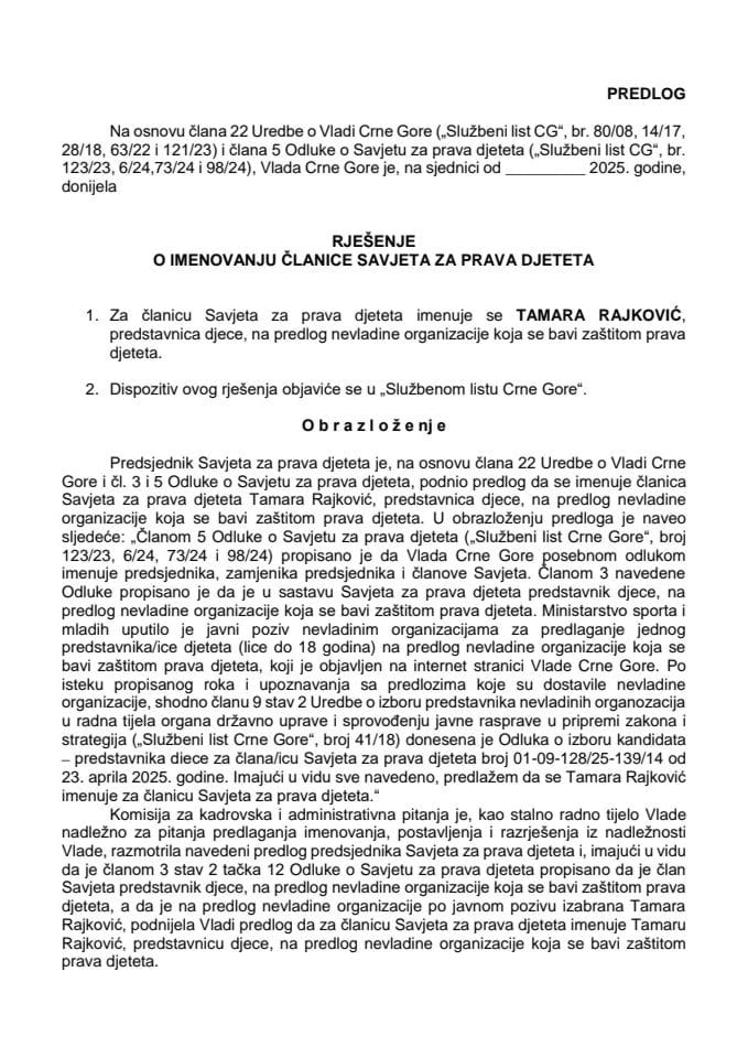 Predlog za imenovanje članice Savjeta za prava djeteta