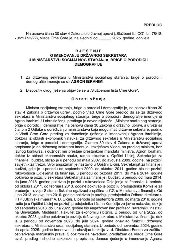 Predlog za imenovanje državnog sekretara u Ministarstvu socijalnog staranja, brige o porodici i demografije