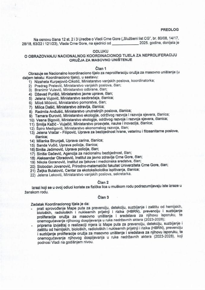 Predlog odluke o obrazovanju Nacionalnog koordinacionog tijela za neproliferaciju oružja za masovno uništenje