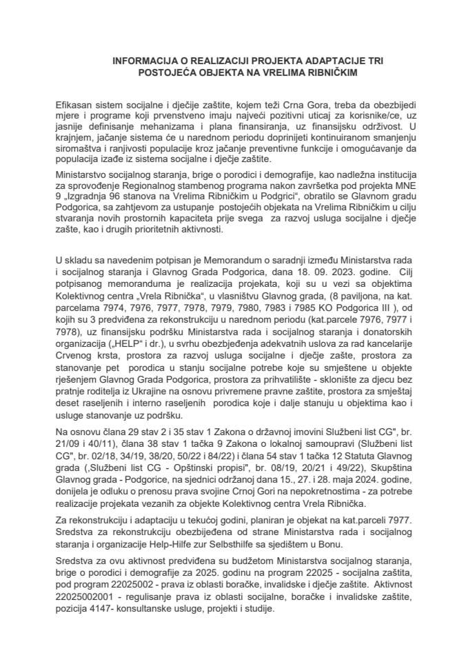 Informacija o realizaciji projekta adaptacije tri postojeća objekta na Vrelima Ribničkim