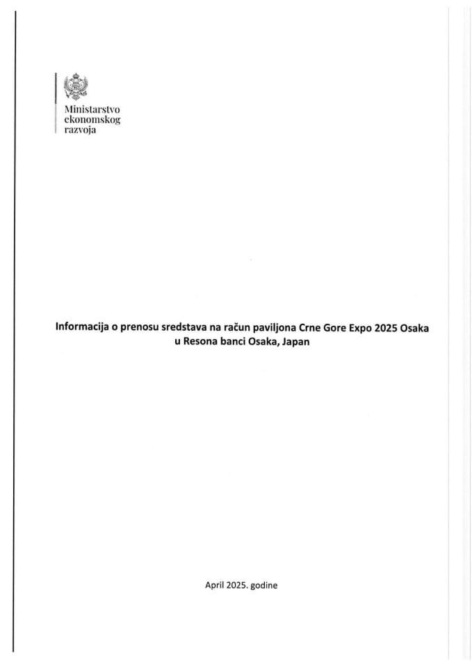 Informacija o prenosu sredstava na račun paviljona Crne Gore Expo 2025 Osaka u Resona banci Osaka, Japan