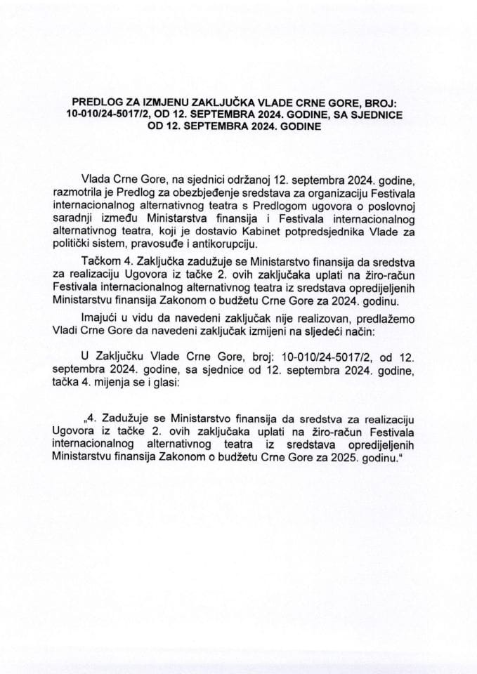 Predlog za izmjenu Zaključka Vlade Crne Gore, broj: 10-010/24-5017/2, od 12. septembra 2024. godine, sa sjednice od 12. septembra 2024. godine