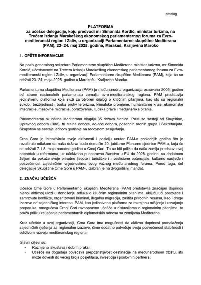 Predlog platforme za učešće delegacije, koju predvodi mr Simonida Kordić, ministarka turizma, na Trećem izdanju Marakeškog ekonomskog parlamentarnog foruma za Evro-mediteranski region i Zaliv, 23- 24. maj 2025. godine, Marakeš