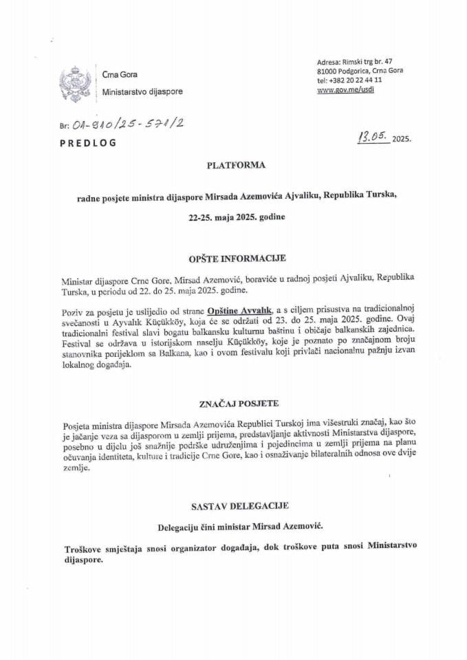 Predlog platforme radne posjete ministra dijaspore Mirsada Azemovića Ajvaliku, Republika Turska, 22-25. maj 2025. godine