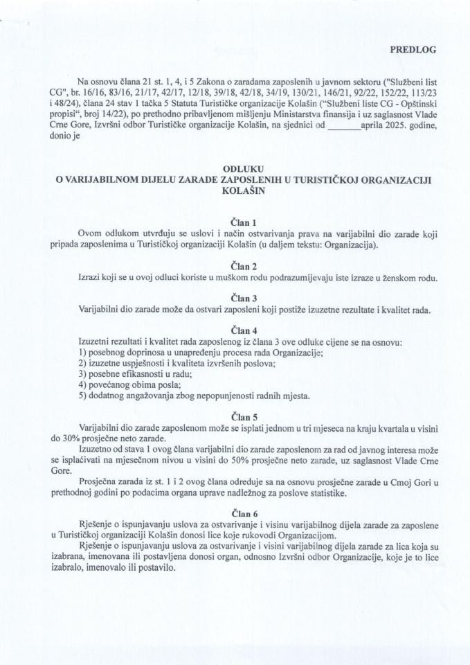 Predlog odluke o varijabilnom dijelu zarade zaposlenih u Turističkoj organizaciji Kolašin