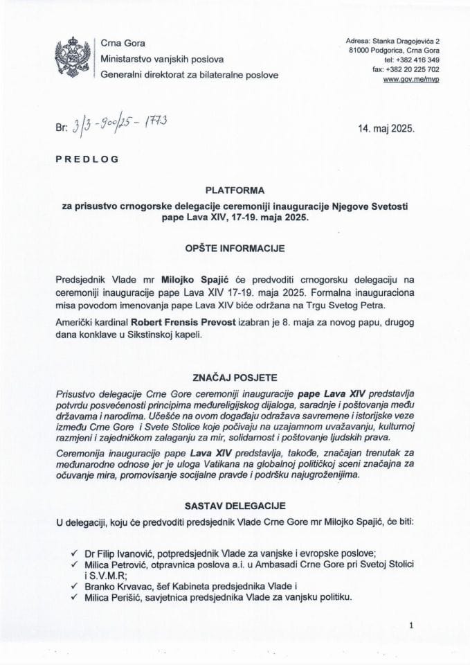 Predlog platforme za prisustvo crnogorske delegacije ceremoniji inauguracije Njegove Svetosti pape Lava XIV, 17-19. maja 2025. godine