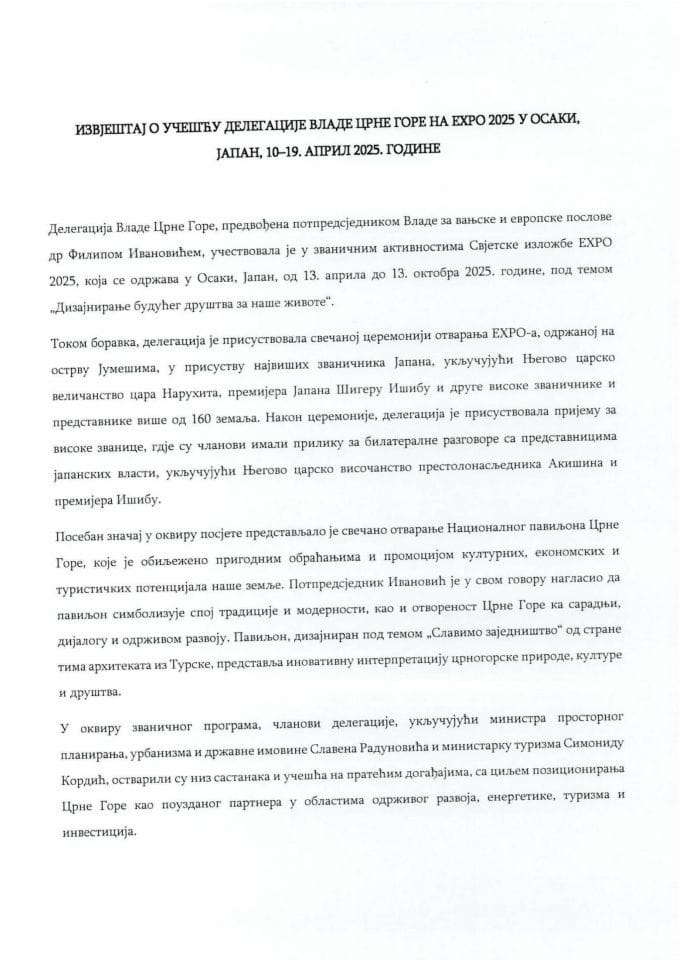Izvještaj o učešću delegacije Vlade Crne Gore na EXPO 2025 u Osaki, Japan, 10-19. april 2025. godine