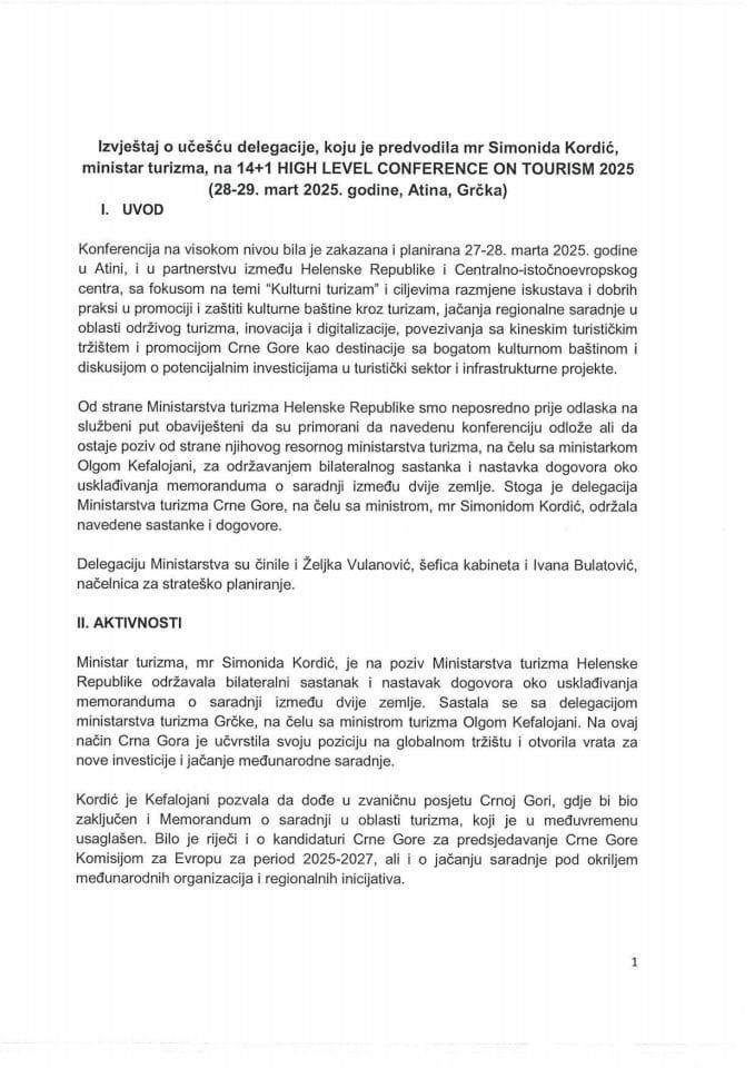 Izvještaj o učešću delegacije, koju je predvodila mr Simonida Kordić, ministarka turizma, na 14+1 High Level Conference on Tourism 2025 (28 - 29. mart 2025. godine, Atina, Grčka)