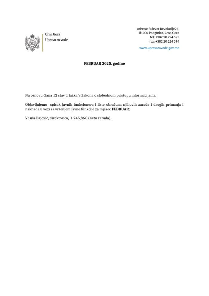 Списак јавних функционера и листе обрачуна њихових зарада и других примања и накнада у вези са вршењем јавне функције ФЕБРУАР - 2025