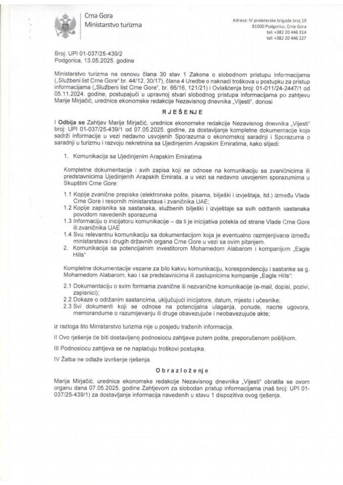 Rješenje - Slobodan pristup informacijama - UPI 01-037-25-439-2 - Marija Mirjačić