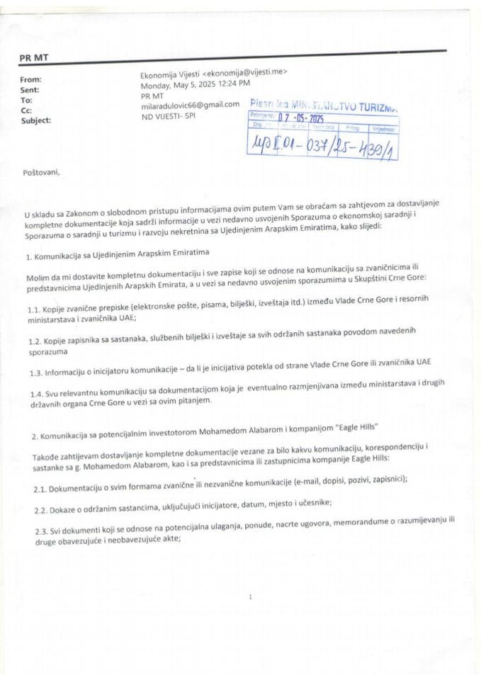 Zahtjev - Slobodan pristup informacijama - UPI 01-037-25-439-1 - Marija Mirjačić