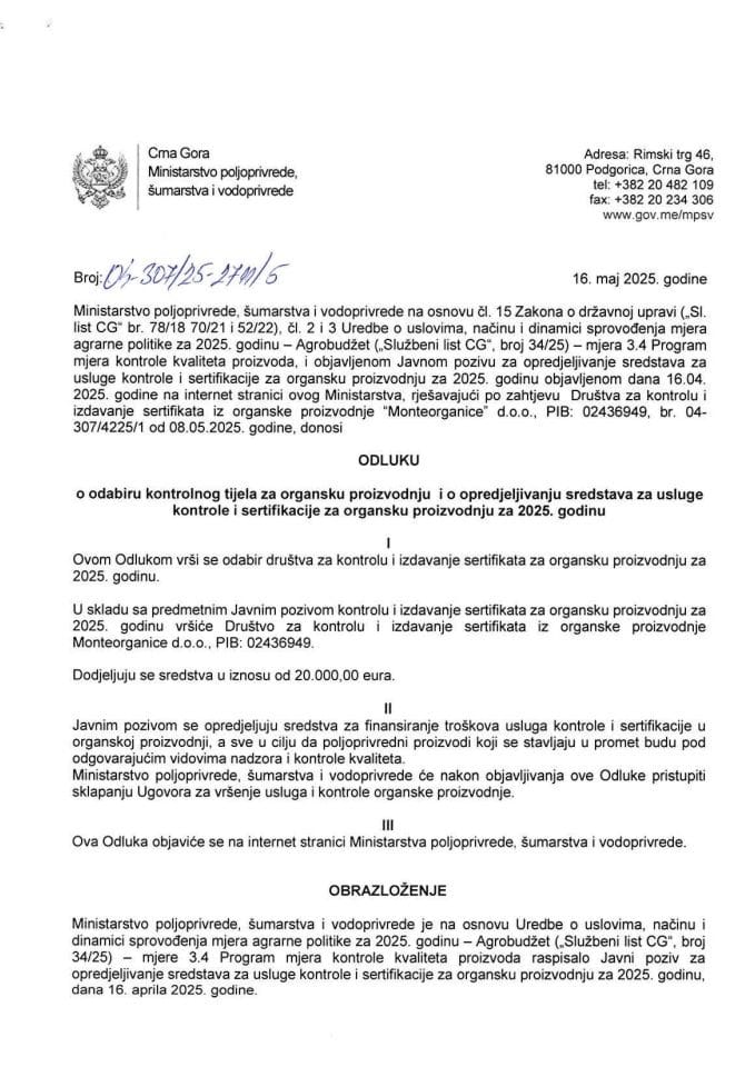 Odluka o odabiru kontrolnog tijela Monteorganica