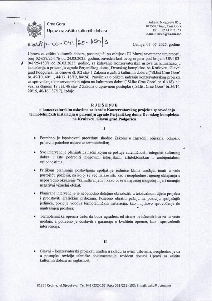 Konzervatorski uslovi Rješenje UP-I-03-041-25-150-3 od 07.05.2025.