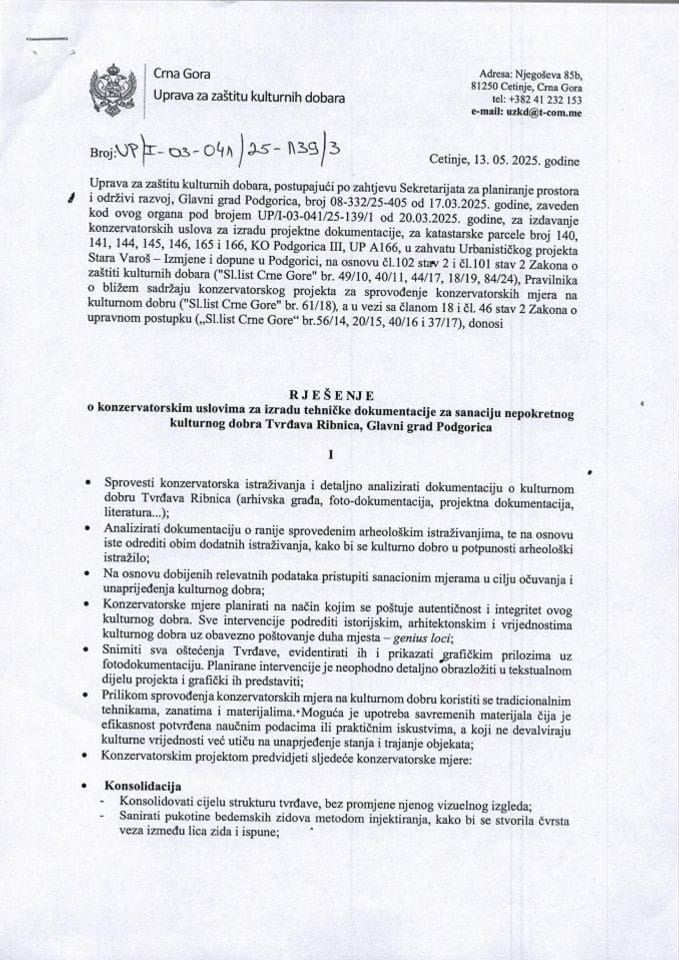 Konzervatorski uslovi Rješenje UP-I-03-041-25-139-3 od 13.05.2025.