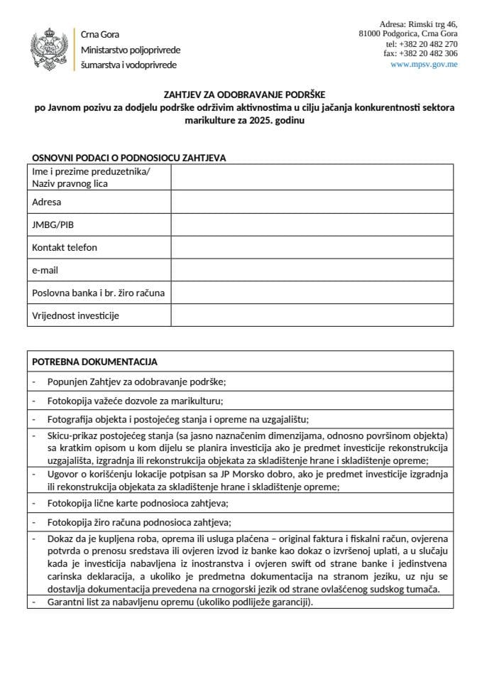 Zahtjev za odobravanje plaćanja marikultura