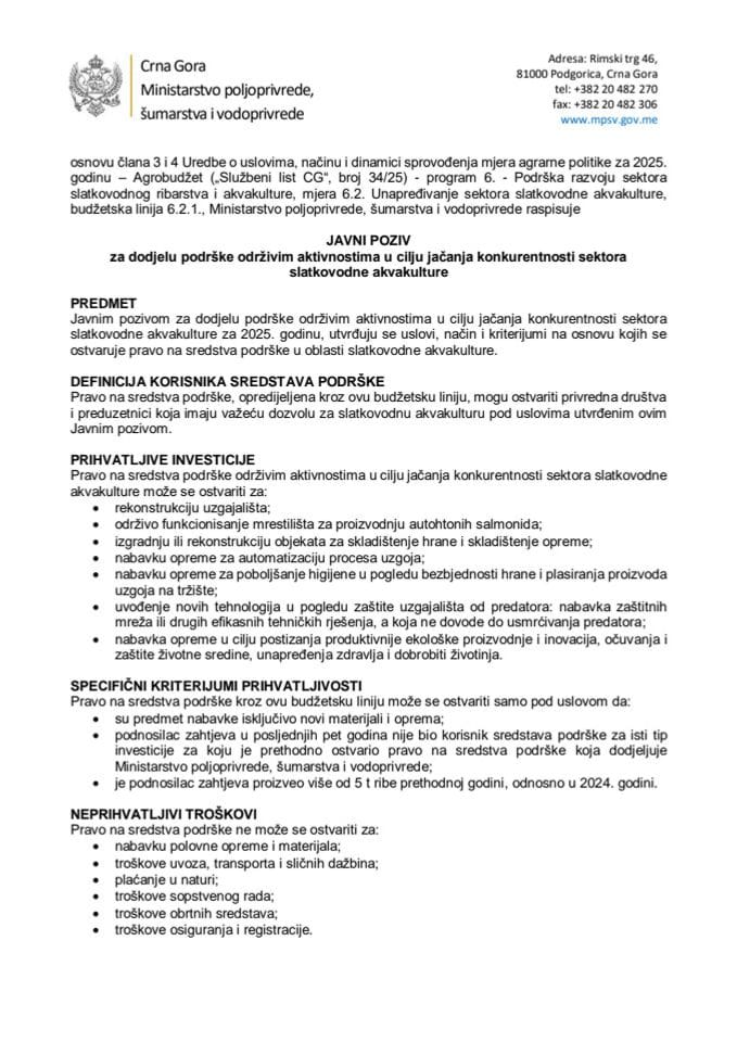 Javni poziv za dodjelu podrške održivim aktivnostima u cilju jačanja konkurentnosti sektora slatkovodne akvakulture