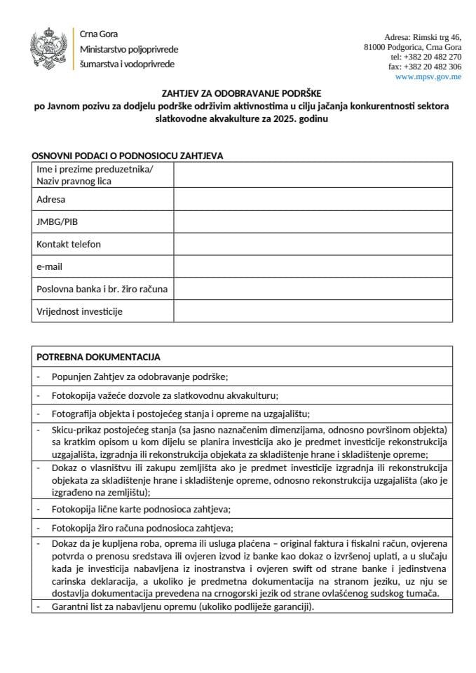 Zahtjev za odobravanje plaćanja slatkovodna akvakultura