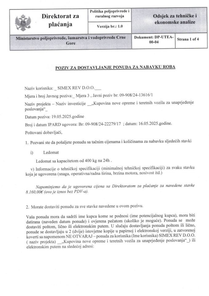 poziv za dostavljanje ponuda za nabavku roba - ledomat