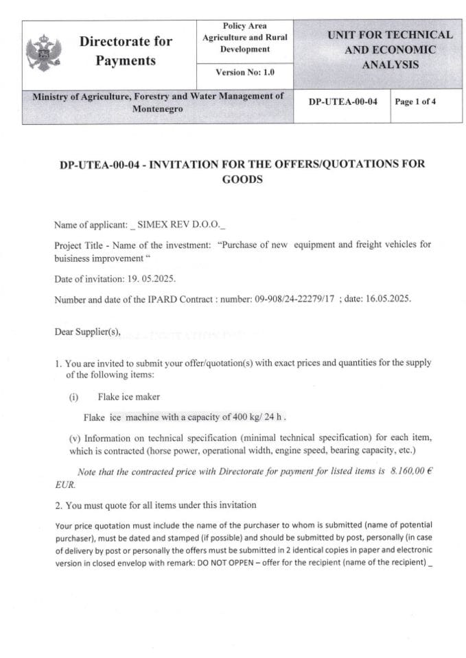 invitation for the offers quotations for goods - flake ice maker