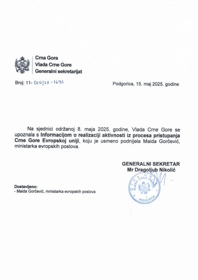 Usmena informacija o realizaciji aktivnosti iz procesa pristupanja Crne Gore  Evropskoj uniji