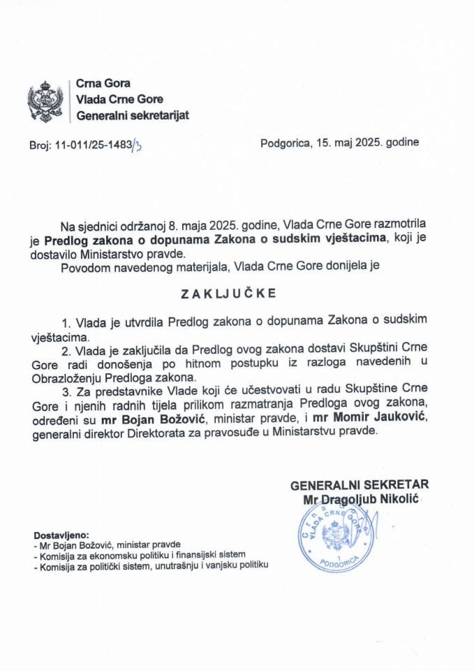 Predlog zakona o dopunama Zakona o sudskim vještacima⃰ - Zaključci