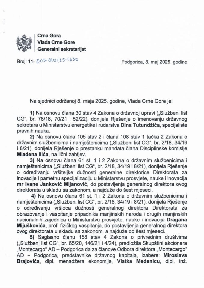 Kadrovska pitanja - 79. sjednica Vlade Crne Gore - Zaključci