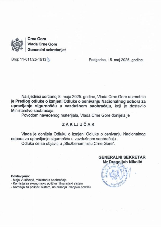 Predlog odluke o izmjeni Odluke o osnivanju Nacionalnog odbora za upravljanje sigurnošću u vazdušnom saobraćaju - Zaključci