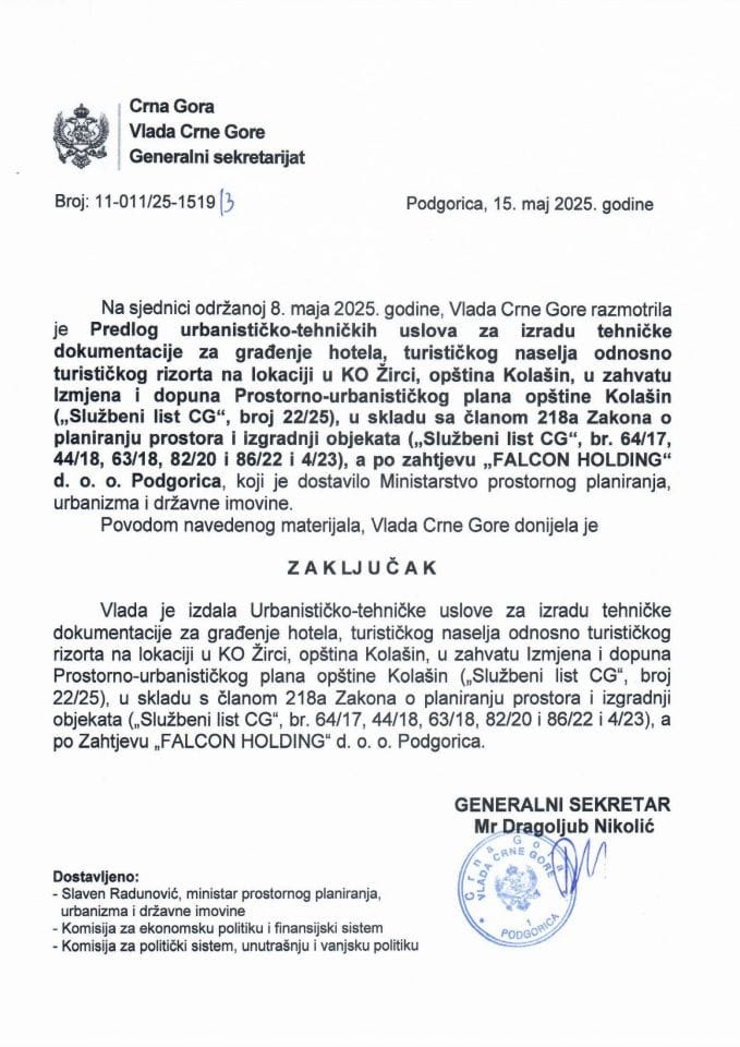 Predlog urbanističko - tehničkih uslova za izradu tehničke dokumentacije za građenje hotela, turističkog naselja odnosno turističkog rizorta na lokaciji u KO Žirci, opština Kolašin - Zaključci