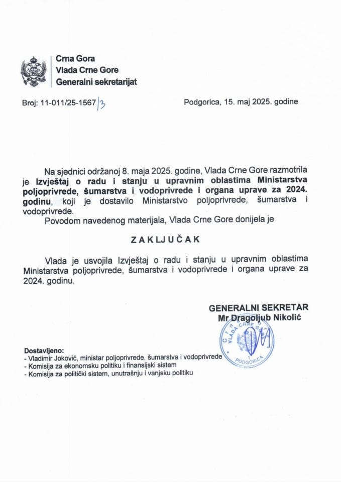 Izvještaj o radu i stanju u upravnim oblastima Ministarstva poljoprivrede, šumarstva i vodoprivrede i organa uprave za 2024. godinu - Zaključci