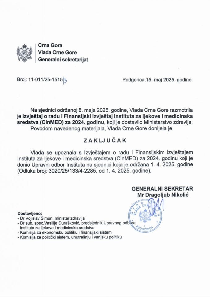 Izvještaj o radu i Finansijski izvještaj Instituta za ljekove i medicinska sredstva (ClnMED) za 2024. godinu - Zaključci