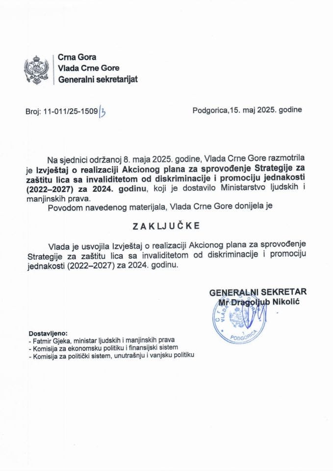 Izvještaj o realizaciji Akcionog plana za sprovođenje Strategije za zaštitu lica sa invaliditetom od diskriminacije i promociju jednakosti (2022 - 2027) za 2024. godinu - Zaključci