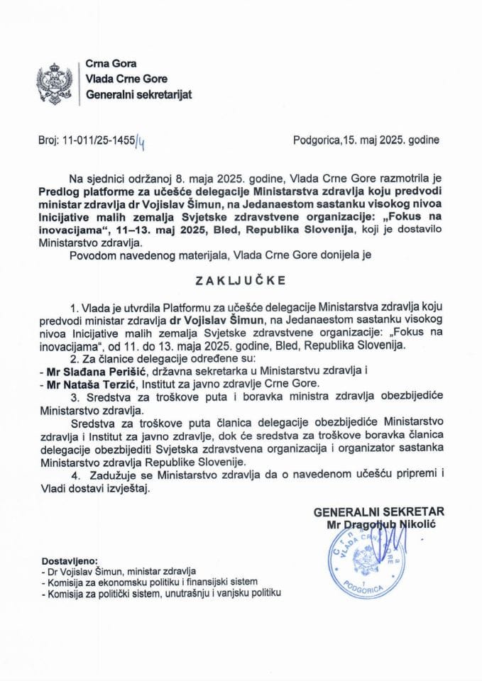 Predlog platforme za učešće delegacije Ministarstva zdravlja koju predvodi ministar zdravlja dr Vojislav Šimun, na 11. sastanku visokog nivoa Inicijative malih zemalja Svjetske zdravstvene organizacije: „Fokus na inovacijama“, 11-13. maj 2025, Bled - Zaključci