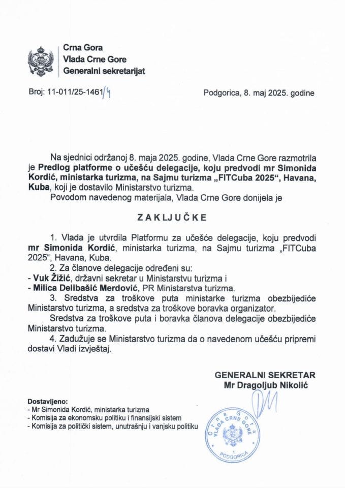 Predlog platforme o učešću delegacije, koju predvodi mr Simonida Kordić, ministarka turizma, na Sajmu turizma „FITCuba 2025“, Havana, Kuba - Zaključci