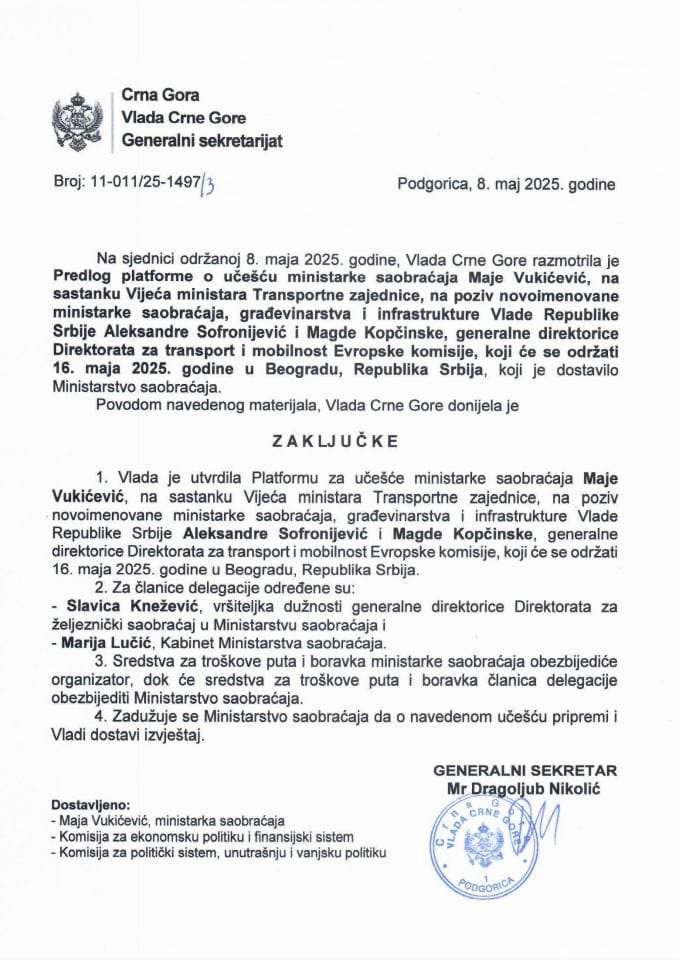 Predlog platforme o učešću ministarke saobraćaja Maje Vukićević, na sastanku Vijeća ministara Transportne zajednice, koji će se održati 16. maja 2025. godine, u Beogradu - Zaključci