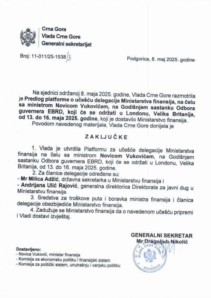 Predlog platforme o učešću delegacije Ministarstva finansija, na čelu sa ministrom Novicom Vukovićem, na Godišnjem sastanku Odbora guvernera EBRD, koji će se održati u Londonu, Velika Britanija, od 13. do 16. maja 2025. godine - Zaključci