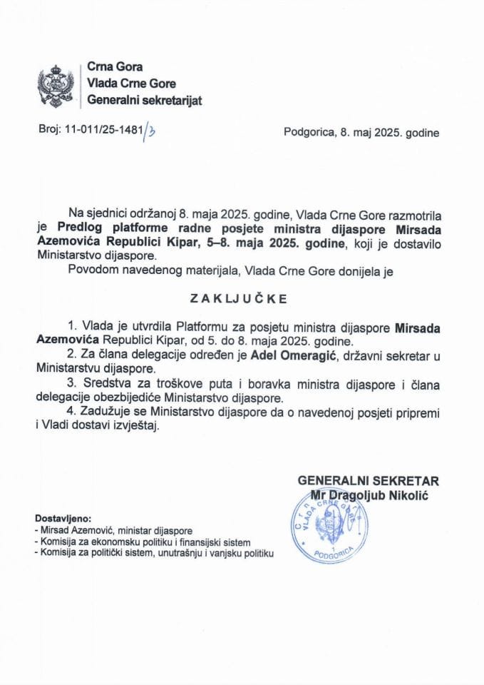 Predlog platforme radne posjete ministra dijaspore Mirsada Azemovića Republici Kipar, 5-8. maja 2025. godine - Zaključci