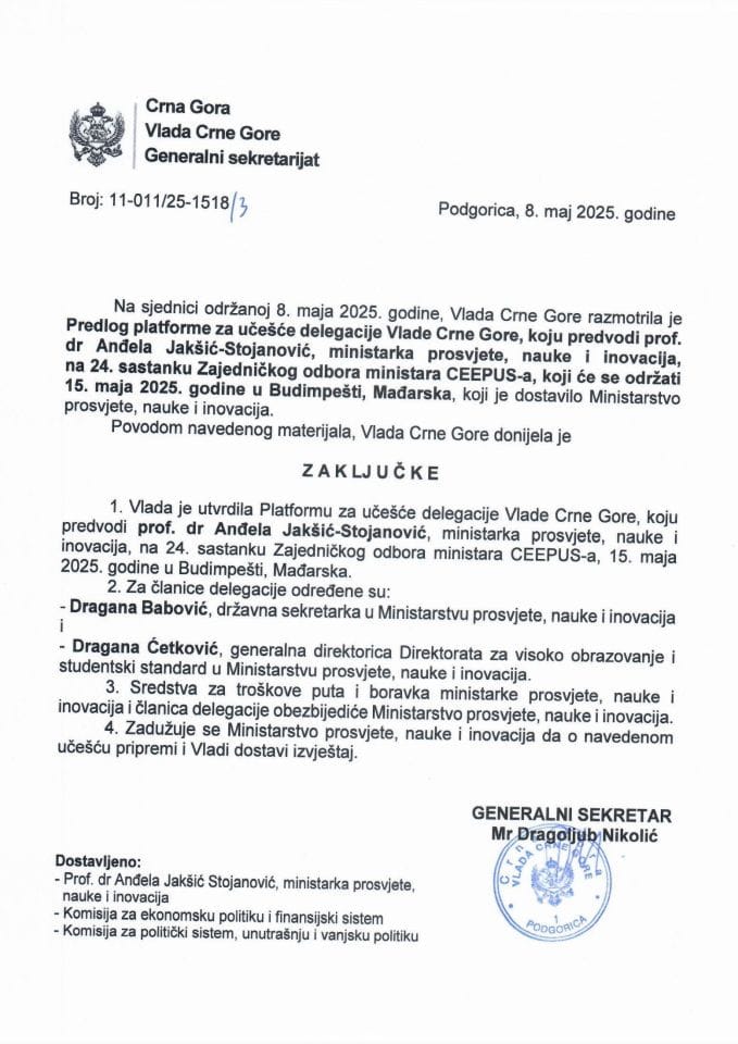 Predlog platforme za učešće delegacije Vlade Crne Gore, koju predvodi prof. dr Anđela Jakšić-Stojanović, ministarka prosvjete, nauke i inovacija, na 24. sastanku Zajedničkog odbora ministara CEEPUS-a u Budimpešti - Zaključci
