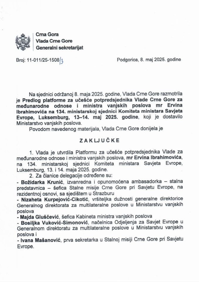 Predlog platforme za učešće potpredsjednika Vlade Crne Gore za međunarodne odnose i ministra vanjskih poslova mr Ervina Ibrahimovića na 134. ministarskoj sjednici Komiteta ministara Savjeta Evrope, Luksemburg, 13-14. maj 2025. godine - Zaključci