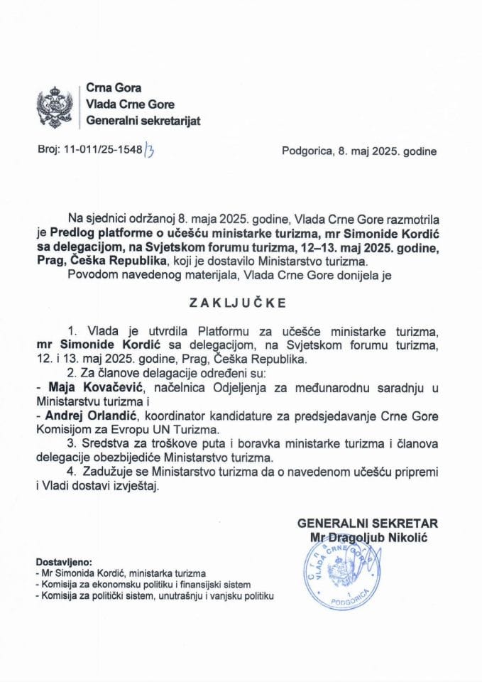 Predlog platforme o učešću ministarke turizma, mr Simonide Kordić sa delegacijom, na Svjetskom forumu turizma, 12 - 13. maj 2025. godine, Prag, Češka Republika - Zaključci