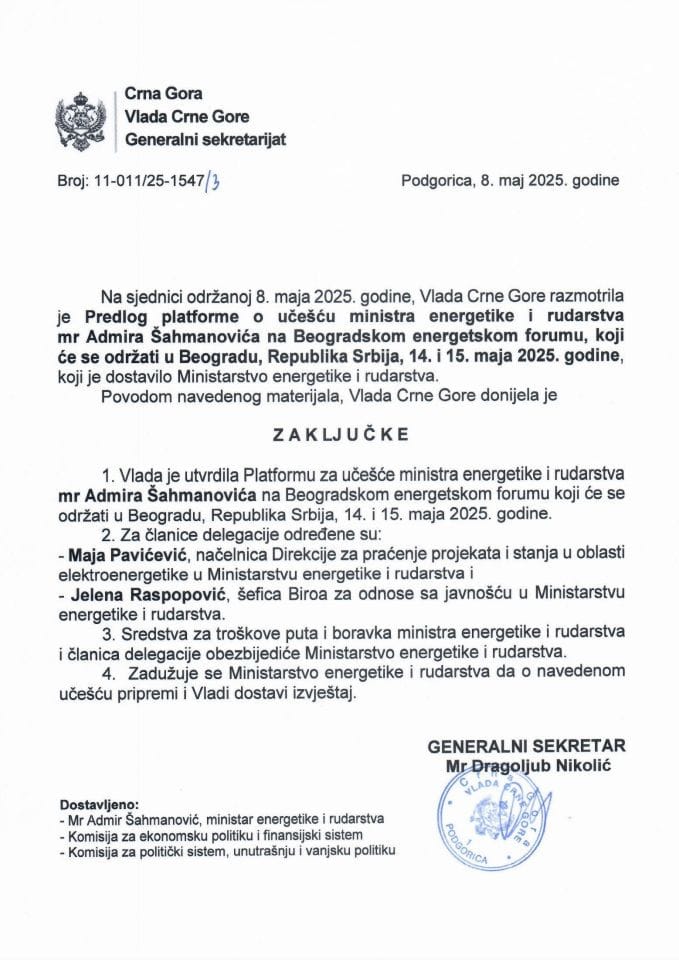 Predlog platforme o učešću ministra energetike i rudarstva mr Admira Šahmanovića na Beogradskom energetskom forumu, koji će se održati u Beogradu, Republika Srbija, 14. i 15. maja 2025. godine - Zaključci