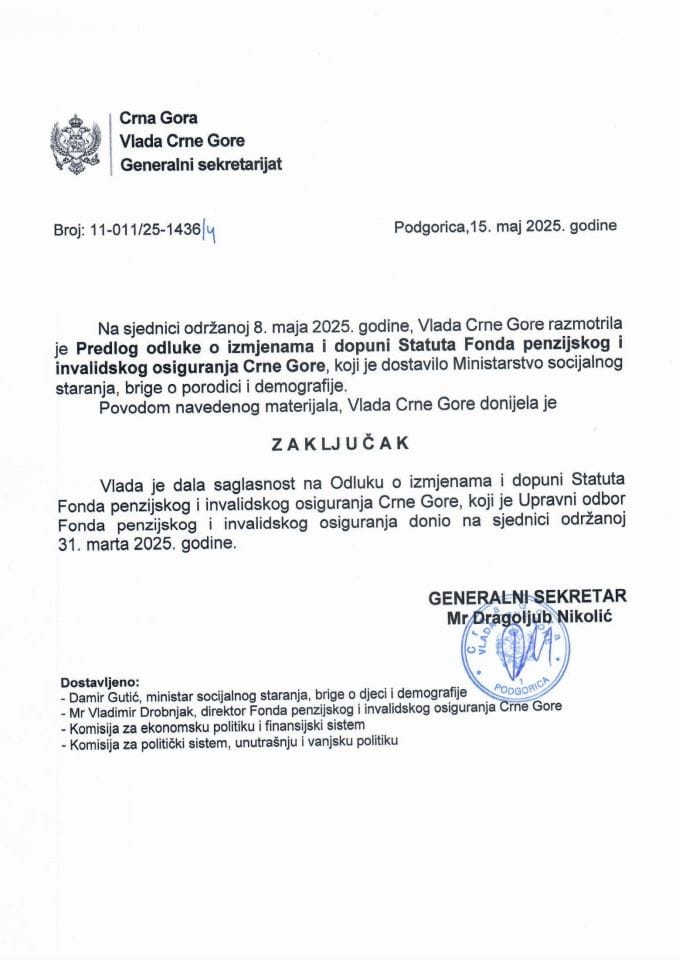 Predlog odluke o izmjenama i dopuni Statuta Fonda penzijskog i invalidskog osiguranja Crne Gore - Zaključci